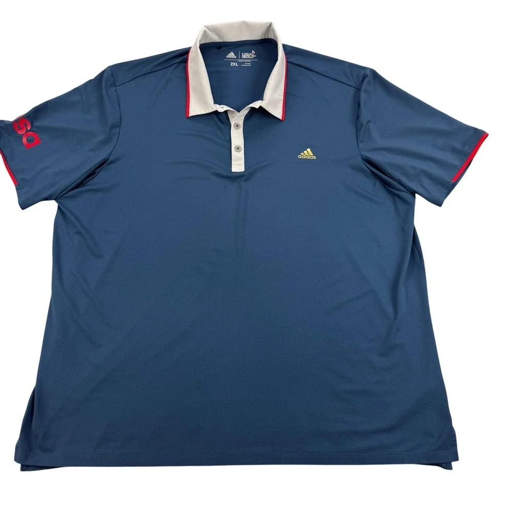 Adidas USA Golf Polo Shirt Mens 2XL Blue Solid Patriotic Performance Stretch Top